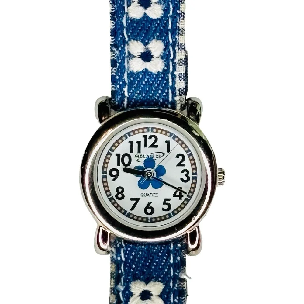 Y2K Milan II Blue Denim Embroidered Flower Strap Watch 056-PC Kids Girls